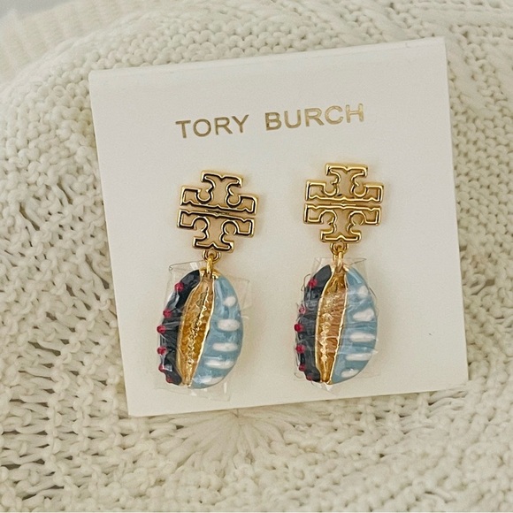 TORY BURCH Britten Enamel Shell Logo Drop Earrings Gold - Picture 1 of 7